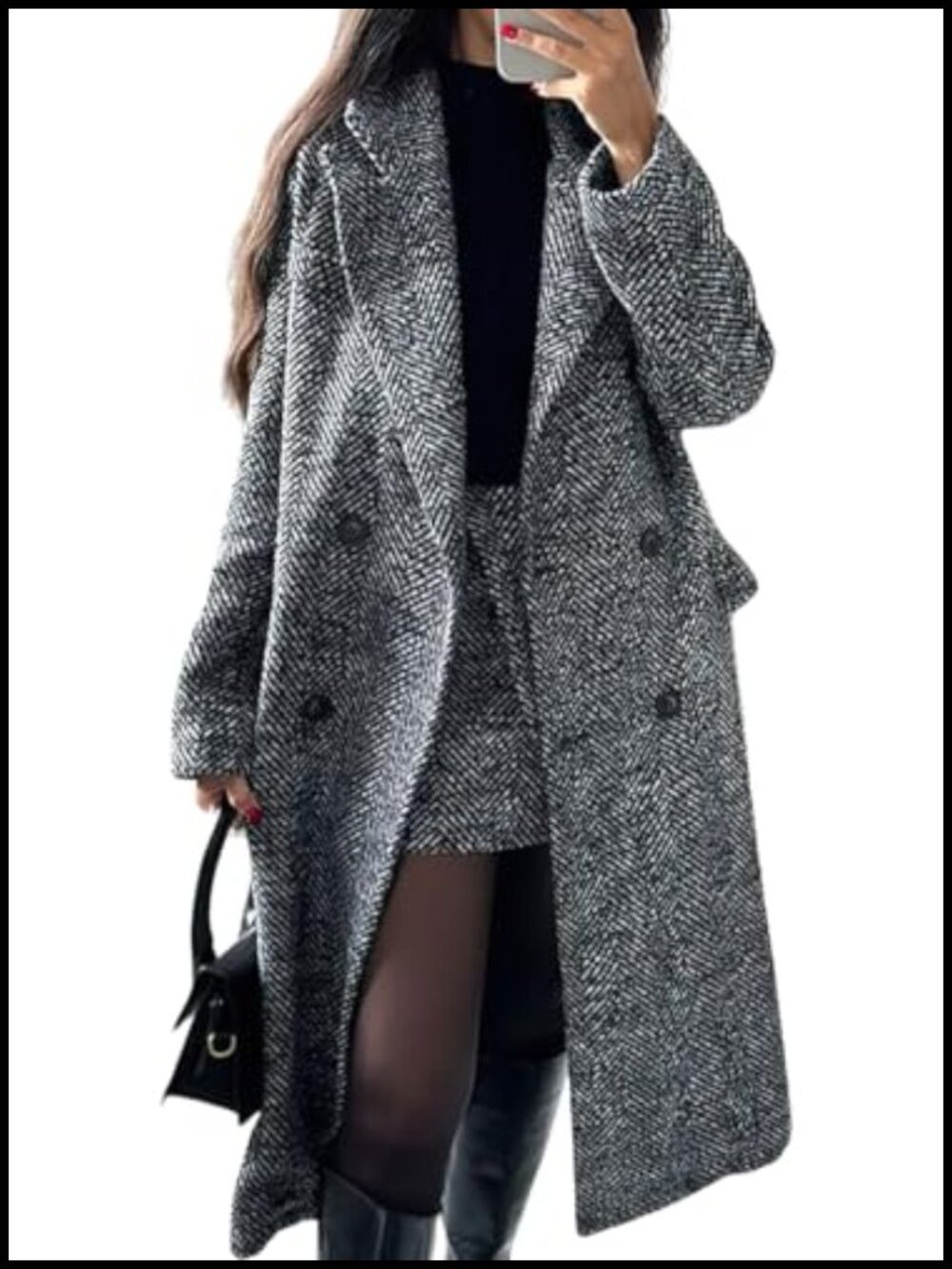 Wool Blend Herringbone Pea Coat Double Breasted Long Trench Coat